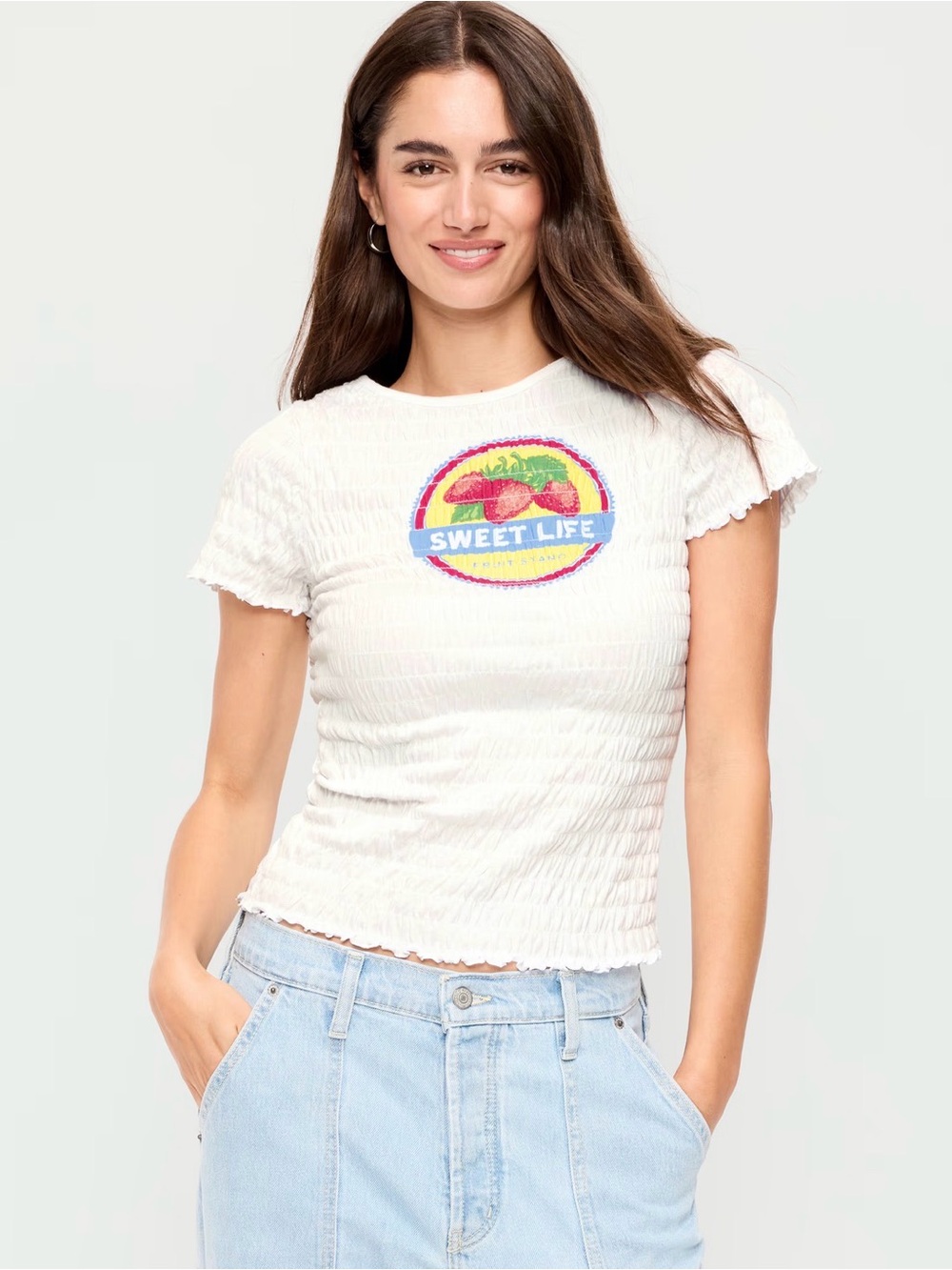 Y2K Popcorn Graphic T-Shirt White Large Sweet Life Strawberry Farm Stand Retro